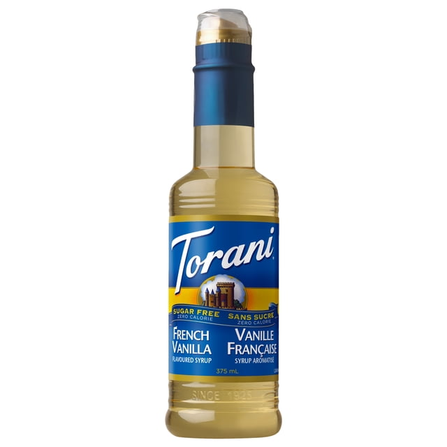 Torani Sugar Free French Vanilla Flavoured Syrup in a 375 ml clear bottle with light amber syrup and a blue-yellow label showing the Torani logo and sugar-free French vanilla text, perfect for adding zero-calorie flavour to coffee, tea, and desserts