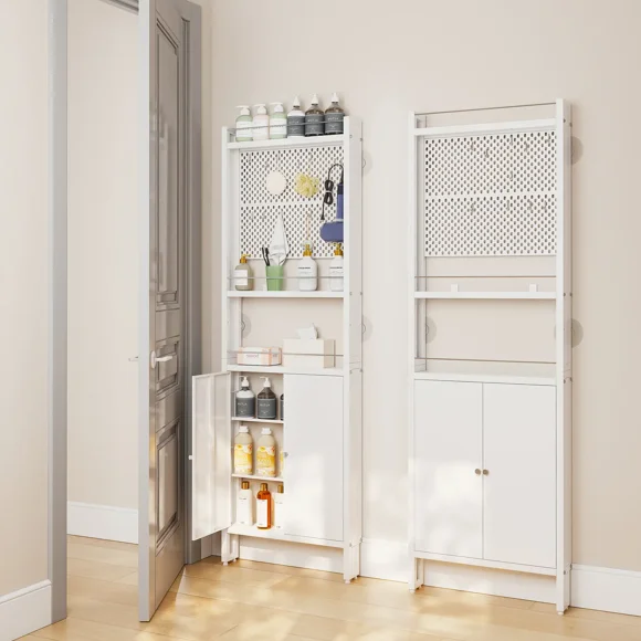 Behind Door Organizer Cabinet Shelf Rack, 2 Pegboard Panels for Garage and Garden Tool Storage, Tall Floor Standing Metal Organizers