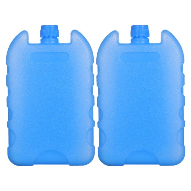 SHISUYAN 2Pcs Freezer Packs For Coolers Ice Block Cooler Freezer Reusable Ice Packs Essentials. The image displays two blue, rectangular freezer packs with textured surfaces and screw-top caps. These reusable ice packs are compact, measuring 13.80x8.60x2.30cm, and are ideal for lunch boxes, coolers, and outdoor activities. They require water filling before freezing and can also be used with fans to provide cool air.