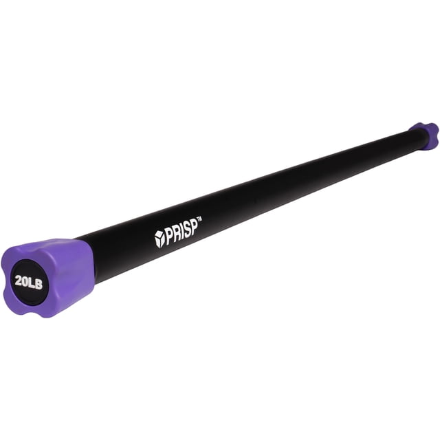 PRISP Weighted Exercise Workout Bar for total body fitness, yoga, and strength training. Constructed from solid steel with foam padding for a secure grip, it features square purple end caps marked '20LB' for weight identification and stability. Suitable for home gym use and exercises like lunges, shoulder presses, pilates, and weight training.