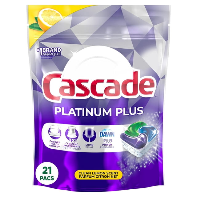 Cascade Platinum Plus Dishwasher Pods package with clean lemon scent, containing 21 ActionPacs. The purple and silver resealable bag features a lemon image and icons highlighting 2X cleaning ingredients, Dawn grease-fighting power, and cabinet-ready dishes for effective dishwasher detergent use.