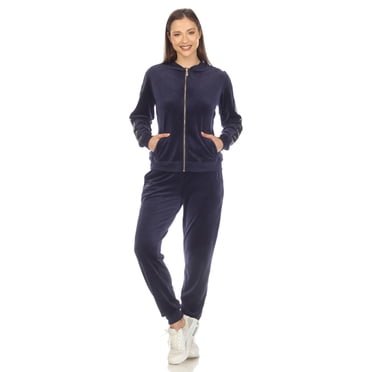 White Mark Women's 2-Piece Velour Tracksuit Set with Faux Leather Stripe