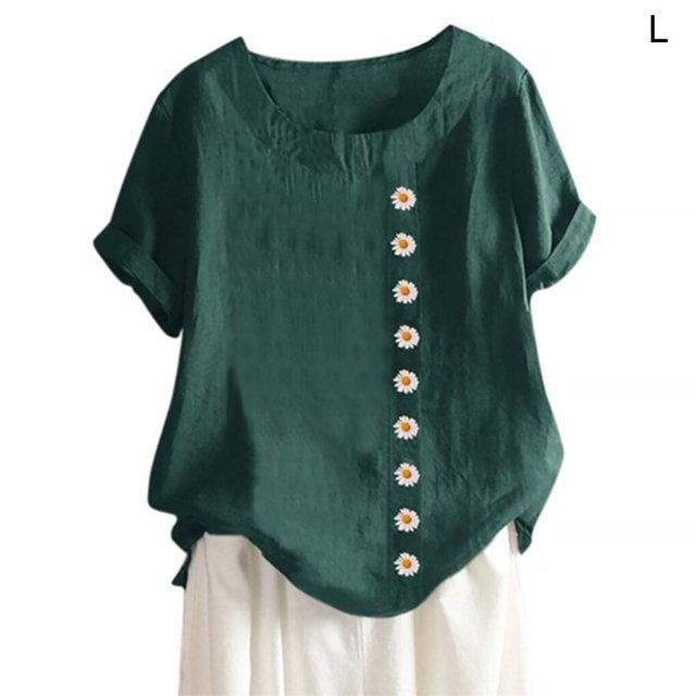stanreset Blouse Linen Loose Short Sleeve Shirt Round Neck Woman Summer Top, Green, L