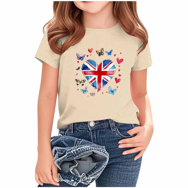 T-Shirt Graphique à Manches Courtes et Col Rond pour Enfants, Imprimé Drapeau Britannique, Mélange Doux de Polyester et Spandex, Haut Décontracté Respirant, Lavable en Machine, pour Garçons et Filles
