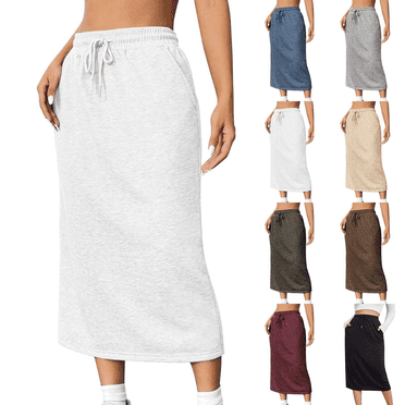 QATAINLAV Jupes Athlétiques pour Femmes, Jupe Midi à Taille Élastique avec Cordon, Coton, Confortable, Longue, avec Poche, Brun, TG, Cadeaux de la Fête des Mères
