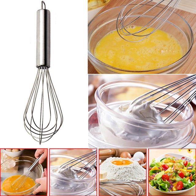 EGNMCR Hand Mixer Mixer Grinder Stainless Steel Hand Whisk Milk Beater Kitchen Cooking Tool Whisk. Durable stainless steel whisk with spiral wire head, perfect for whisking sauces, eggs, cream, and batter. Shown in use with eggs, whipped cream, and salad preparation. Compact 26x5.5cm size, ideal for non-stick cookware and dishwasher-safe cleaning. A versatile kitchen utensil for cooking and baking tasks.