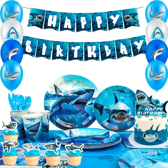 Décorations de Fête de Requins, Ensemble de 111 Pcs de Décorations et Vaisselle de Fête de Requins Bleus - Assiettes Gobelets Serviettes Bannière Ballons Décoration de Gâteau Etc. Fournitures de Fête de Requins