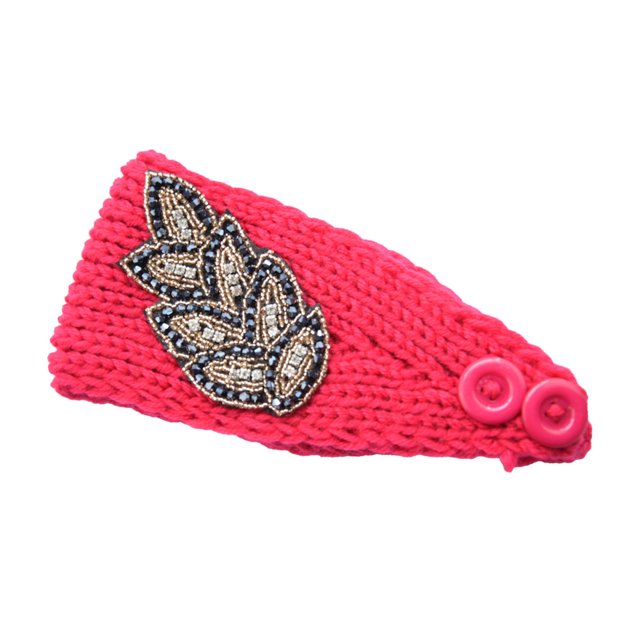 Crochet Headbands Winter Leaves Pattern with Rhinestones Elastic Head Protector Wide Warm Chunky Hair Accessories for Girls Fushcia
