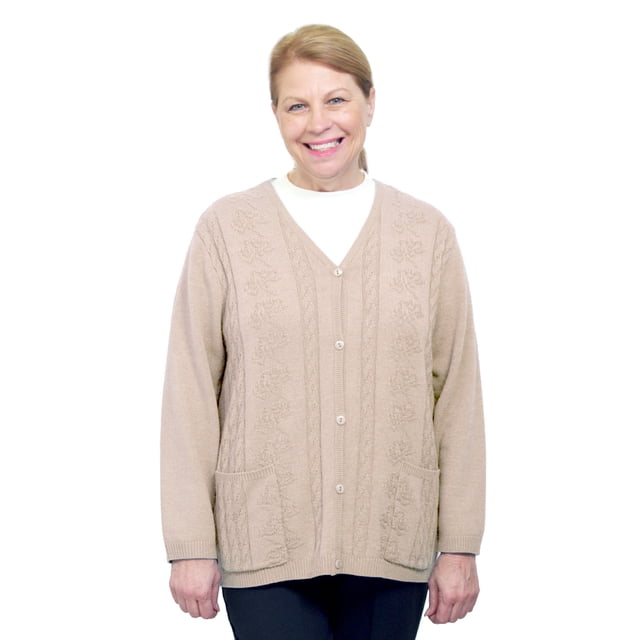 Silverts Women Cardigan Open Back Knit Sweater in beige, size M. This adaptive clothing cardigan features a warm winter weight acrylic knit with decorative pointelle stitching, front buttons, and two patch pockets. Designed with an open back overlap and double dome closures at the shoulders for easy caregiver dressing. Ideal for elderly or individuals with disabilities.