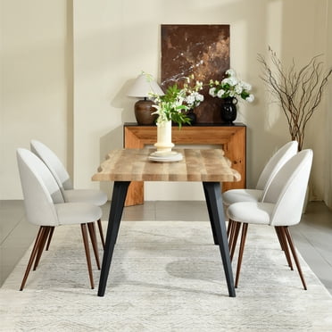 Ensemble de salle à manger 5 pièces Homy Casa, bois de noyer Table de cuisine avec 4 chaises à dossier haut en tissu beige, design contemporain Live Edge