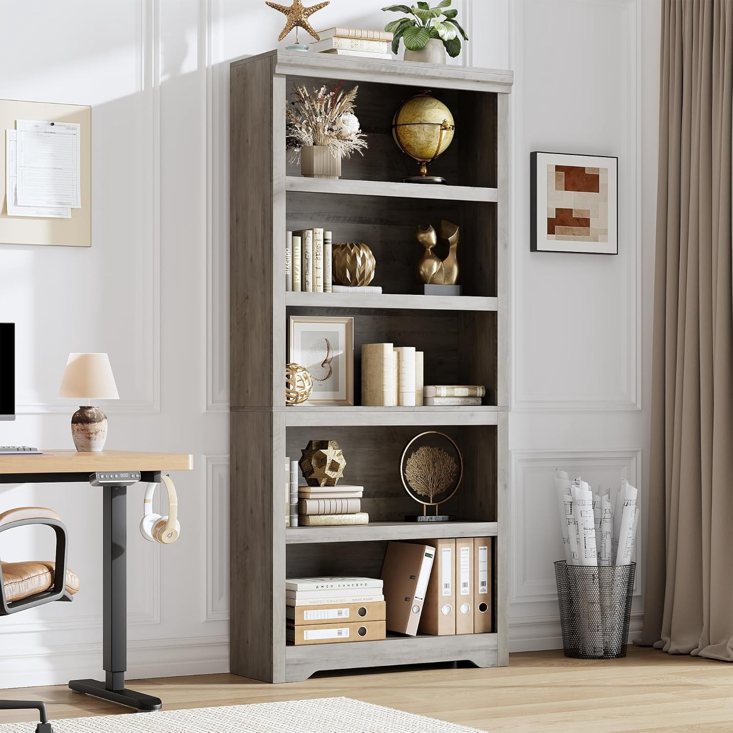 Grande Bibliothèque Style Ferme - 5 Niveaux, Étagère Réglable 69 Pouces-75 Pouces, Gris Saisi à la Main, Rangement Autoportant avec Dispositif Anti-Basculement et Antidérapant pour Bureau à Domicile, Salon, Bureau d'Étude, Balcon, 5 Niveaux, W800