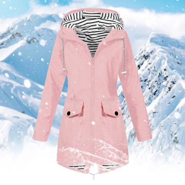Women Solid Rain Jacket Outdoor Plus Size Waterproof Hooded Windproof Loose Coat