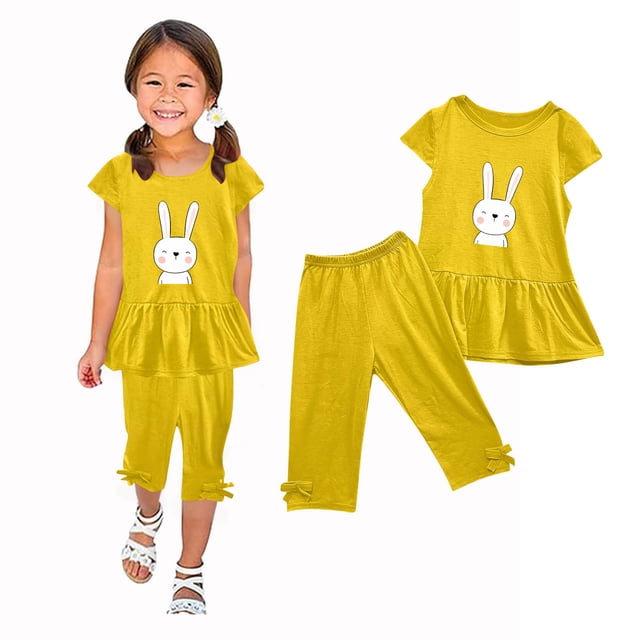 Chemises pour Filles, Ensemble Deux Pièces Été Col Rond Petit Imprimé Manches Courtes Manches Volantes Taille Élastique Pantalon Court