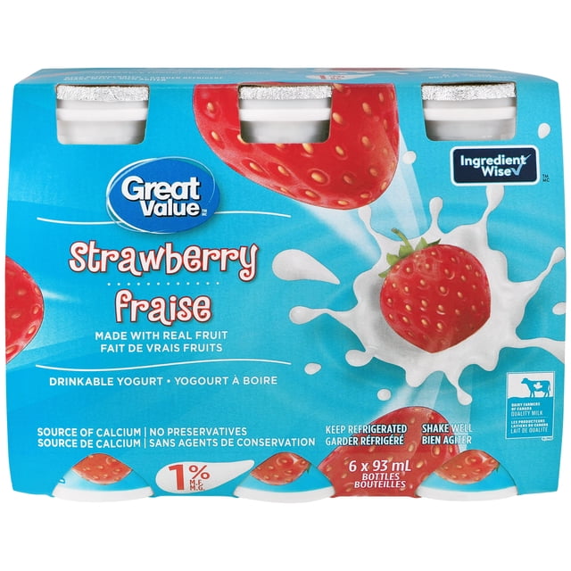 Great Value Strawberry Drinkable Yogurt six-pack with 93 ml bottles in blue packaging featuring strawberries splashing into milk, made with real fruit and Dairy Farmers of Canada certified milk, a source of calcium with no preservatives, labeled Ingredient Wise and 1% milk fat, suitable for convenient on-the-go refreshment.