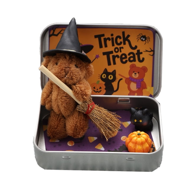 stanreset Handmade Cute Witch Teddybear In Box Miniature Witcher With Broom Pumpkin Cat Halloween Party brown