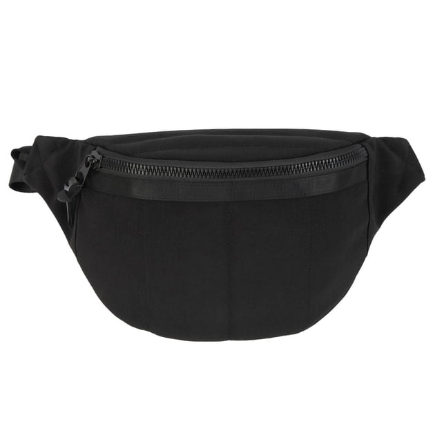R70 Padded Stripe Men's Fanny Bag - Carry on Waist in black polyester with a large zipper pocket and adjustable strap with plastic buckle, designed for lightweight, hands-free convenience and versatile wear around the waist or chest.