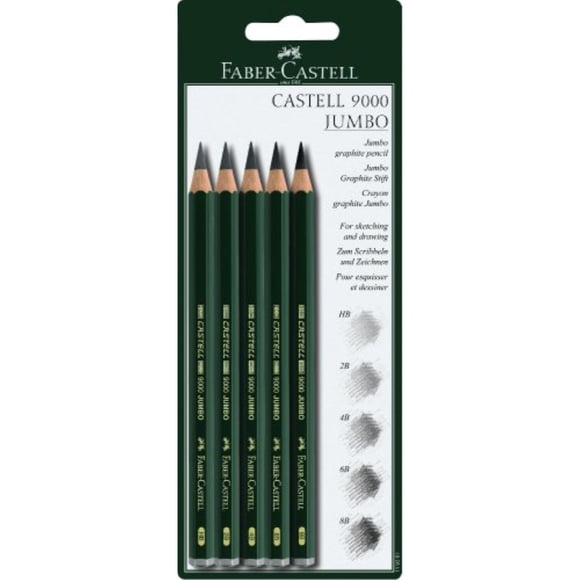 Faber-Castell 5 Piece Quality Castell 9000 Jumbo Graphite Pencils Blister Card Set, Including HB, 2B, 4B, 6B and 8B (119397)