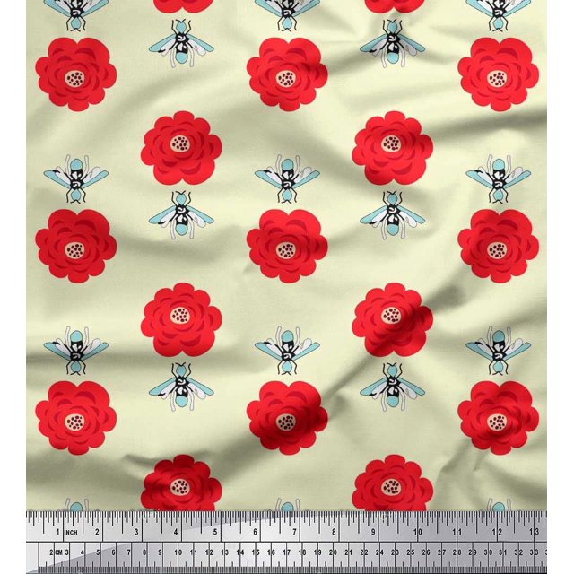 Soimoi Cotton Voile Fabric Floral & Bee Insects Print Fabric by The Yard 42 Inch Wide