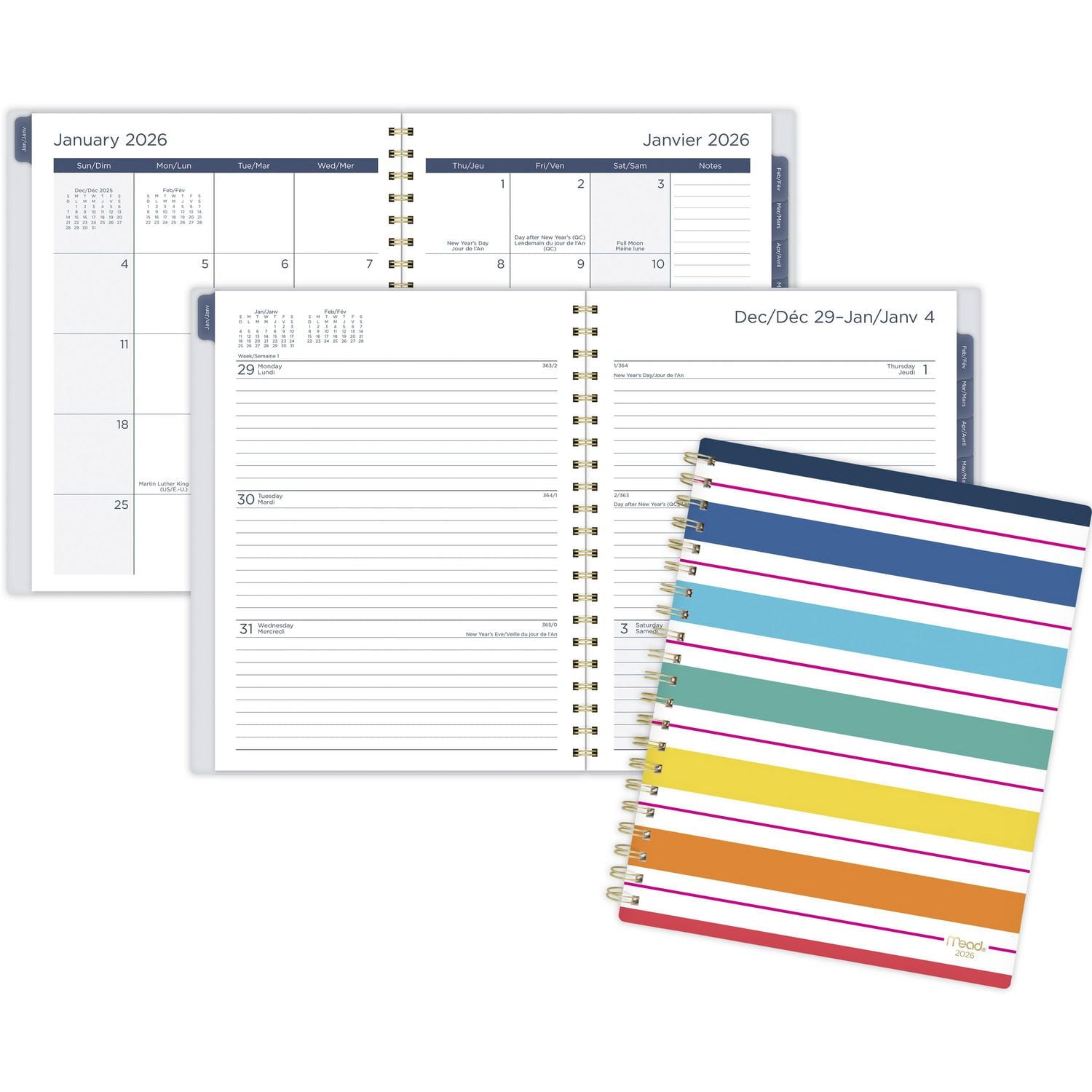 Agenda hebdomadaire Mead® Simplicity Stripe 2026, grand format, couverture transparente en polyéthylène
