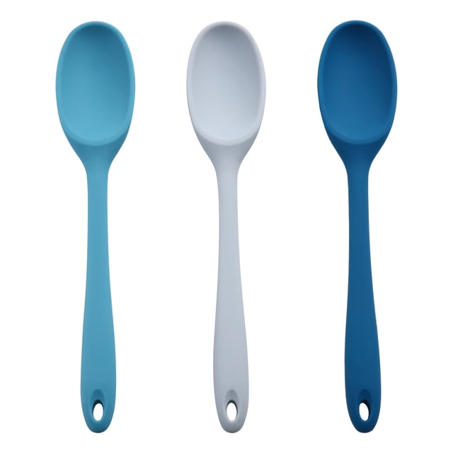 Mainstays Silicone Color Solid Spoon set featuring three solid silicone spoons in navy, grey, and teal, heat resistant and BPA free, each with a hanging hole at the handle tip for easy storage, ideal for stirring, mixing, and tasting in kitchenware.