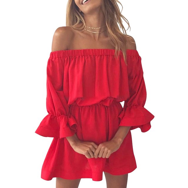 Women Dress Off Shoulder Solid Color Clothing Ruffled Sleeve 2 1 4 Fall Dress, Red, M