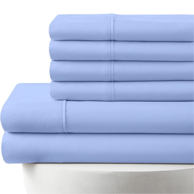 6-PC RV King Egyptian 1000-TC Cotton Sheet Set - 18" Deep Pockets with 1 Fitted Sheet, 1 Oversized Flat Sheet 4 Pillowcases - Light Blue