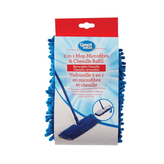 Great Value Recharge de Vadrouille 2 en 1 en Microfibre et Chenille Montrant une Recharge de Tête de Vadrouille Réversible Bleue avec Doigts en Chenille d'Un Côté et Microfibre Plate de l'Autre, Conçue pour le Dépoussiérage à Sec et le Nettoyage Humide, Affichée dans un Emballage de Vente au Détail avec Texte Bilingue Anglais et Français.
