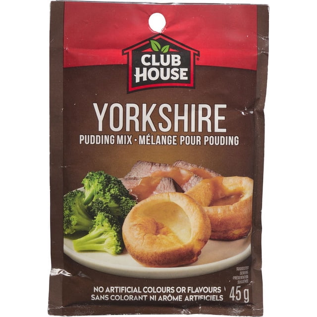 Club House Yorkshire pudding mix 45g package with brown and red branding, featuring Yorkshire puddings, sliced roast beef with gravy, and broccoli on a white plate, labelled no artificial colours or flavours, suitable for baking traditional British side dishes.
