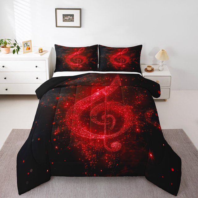 Ensemble de Douillette Motif Note de Musique Format Grand Lit, Ensemble de Literie Chic à Imprimé Paillettes Rouges Étoilées (Non Réelles) pour Ados et Adultes, Douillette en Duvet Thème Musique Romantique Scintillante, 3 Pcs 2 Taies d'Oreiller