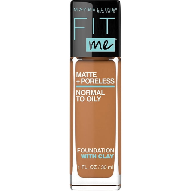 Maybelline New York Fit Me Matte + Poreless Foundation Makeup in Cappuccino, 30 ml liquid foundation bottle with black cap, designed for normal to oily skin, featuring a matte finish and pore-refining clay formula that controls shine and blurs pores.