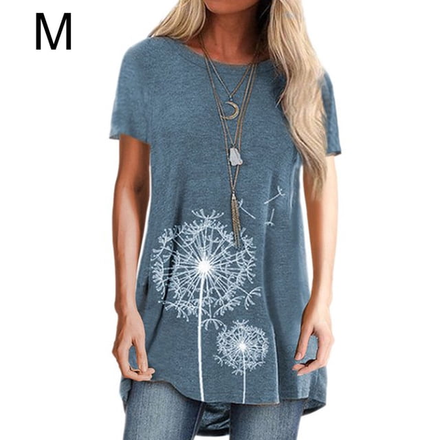 yingyy T-shirt pour Femme Imprimé Blouse Décontractée à Manches Courtes Col Rond Haut, Bleu, P Bleu m