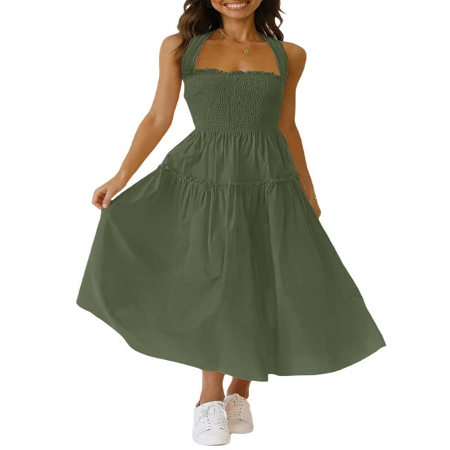 Robe Maxi Plissée d'Été pour Femme, Col Licou, Sans Manches, Robe Soleil, Dos Croisé, Fluide, Maxi Longue