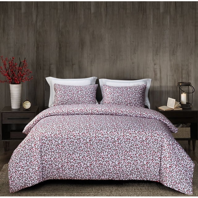 Holiday Duvet Cover Sets with red and green holly berry print on white brushed microfiber, including double/queen duvet cover (88x90 in) and two standard shams (20x26 in), wrinkle and fade resistant, displayed on a bed with white pillows against wood-paneled walls and dark wood nightstands.