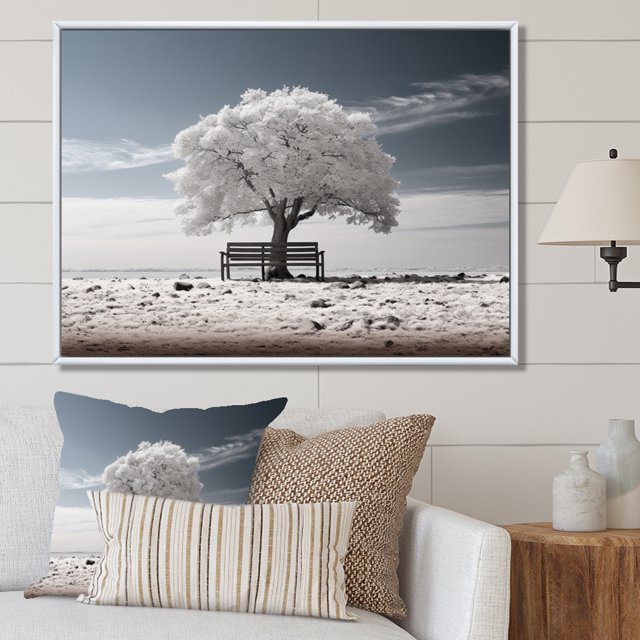 Designart Large Tree White Framed Wall Art, Grey White Tree Contemplation , Trees framed wall art decor, Grey Traditional White Framed Wall Art, 20x12 inches White Color Frame