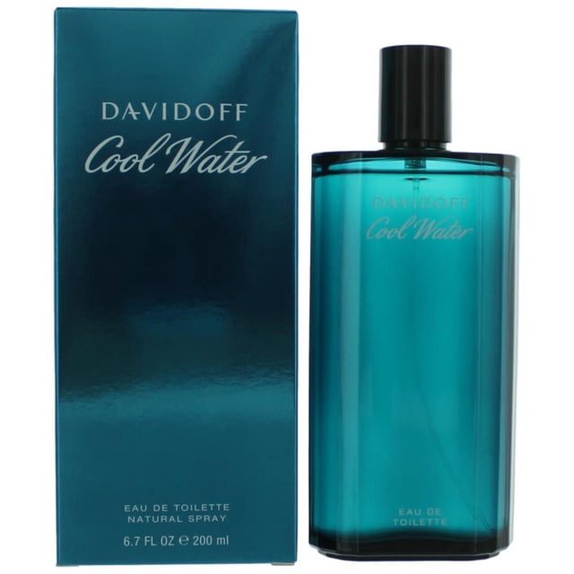 Davidoff Cool Water Vaporisateur Eau de Toilette 200 ml Montrant une Bouteille Rectangulaire en Verre turquoise avec Bouchon Noir à Côté d'Une Boîte Brillante Assortie, Présentant un Mélange Frais de notes Menthe, Lavande et Boisées, Idéal pour les Hommes à la Recherche d'Un Parfum oriental Rafraîchissant.