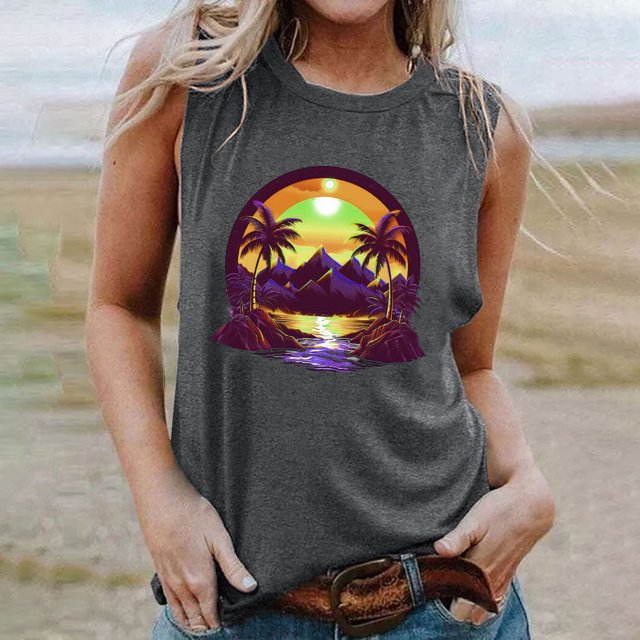 lSLJS Women's Fashion Casual Printed Sleeveless Blouse Round Neck Slim Pullover Tops, Womens Tank Tops