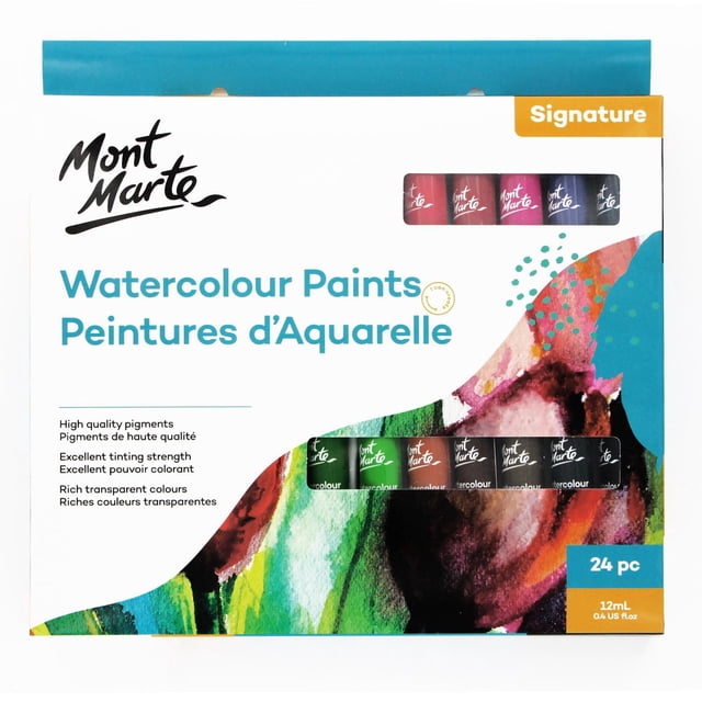 MONT MARTE Ensemble de Peintures Aquarelle 12 ml - 24 Pcs dans une Boîte Blanche et Sarcelle Affichant des tubes de Peintures Aquarelle en Teintes Rouge, Rose, Vert et Noir, Présentant des pigments de Haute Qualité avec une Excellente Puissance de Teinte et des Couleurs Transparentes Riches, Idéal pour les Fournitures de Peinture Artistique et les techniques d'Aquarelle.