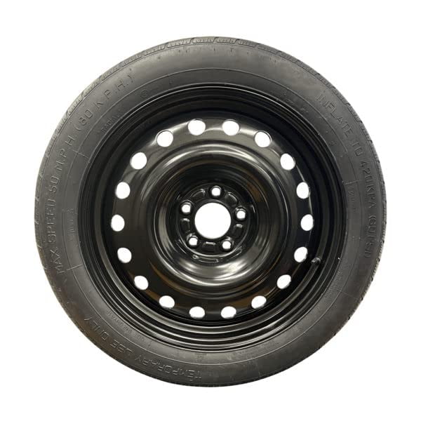 Spare Tire Kit Options For All 2020-2025 Honda CRV And CRV Hybrid Models front-facing studio view of a Value Spare narrow space-saver spare with DOT "M" speed-rated radial mounted on a stamped steel 5-lug wheel, showing lug bolt pattern and wheel flange and noting correct brake clearance; suitable for temporary roadside replacement.