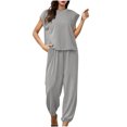 thumbnail image 1 of Penkiiy Ensemble 2 Pcs d'Été pour Femme en Coton et Lin, Col Ras du Cou, Manches Mi-Longues, Pantalon Long, Combinaison, Se S Gris, 1 of 6
