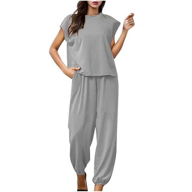 Penkiiy Ensemble 2 Pcs d'Été pour Femme en Coton et Lin, Col Ras du Cou, Manches Mi-Longues, Pantalon Long, Combinaison, Se S Gris