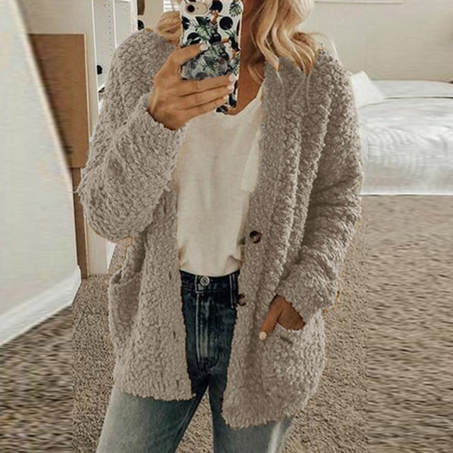 TIMIFIS Women’s Open Front Fleece Cardigan Button Long Sleeve Open Knitted Fleece Cardigan Outwear Sweater Coat Spring Fall Jackets Outerwear-GrayFall/Winter