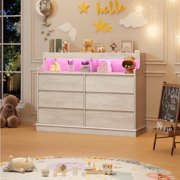 GloryStar Dresser for Bedroom, 6 Drawer Dresser with LED Lights and Charging Station, Wide Chest of 6 Drawers with Open Space, Modern Large Capacity Storage Cabinet, Living Room, Hallway