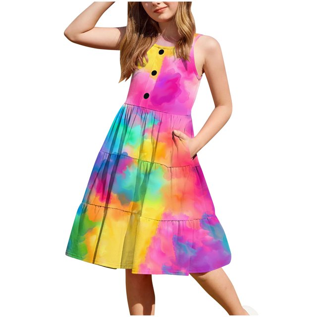 RXIRUCGD 2025 Vêtements d'Été pour Enfants 2-12 Ans Robe Décontractée Sans Manches à Ourlet Boutonné avec Poches Col Rond