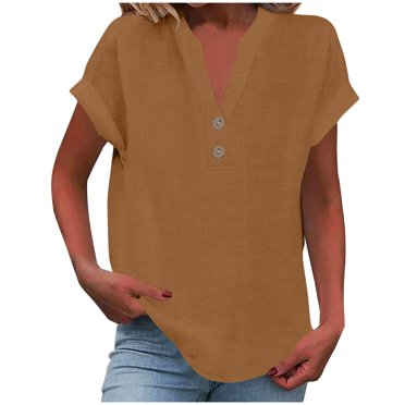 Bwiyojiz Vêtements Mode Tailles P-X5 60%Coton,40%Lin Hauts, T-Shirts et Chemisiers pour Femme Chemise Unie à Boutons T-shirt Ample à Col en V pour Femme, Cadeaux pour Elle, Brun, P
