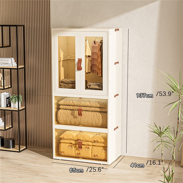 Garde-robe Pliable Simple Armoire Portable Armoire à Vêtements Chambre Garderie Armoire Installation Rapide Commode Armoire de Rangement Vue Centrée vers l'Avant d'Une Garde-Robe Portative pour Enfants avec Doubles Portes Transparentes; Panneaux en Plastique Moulé (PP+ABS), Connexions Visibles à Loquet à Pression et Boucles Latérales, Tringle Suspendue Interne de Taille pour Jupes, Robes et Manteaux, Compartiments Empilés de Casier/tiroir d'Un Côté, Poignées Moulées et Roulettes pour un Déplacement Facile; Souvent Utilisé comme Organisateur Suspendu compact et solution de Rangement pour Jouets Ou Linge dans la Chambre d'Un Enfant.