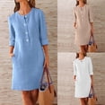 thumbnail image 1 of Meichang Robe en Lin et Coton pour Femmes, Robe Chemise à Demi-Boutonnage, Manches Longues, Col Rond, Robe Courte Chic Décontractée, Automne, Coupe Ample, Robe de Travail avec Poches, 1 of 6
