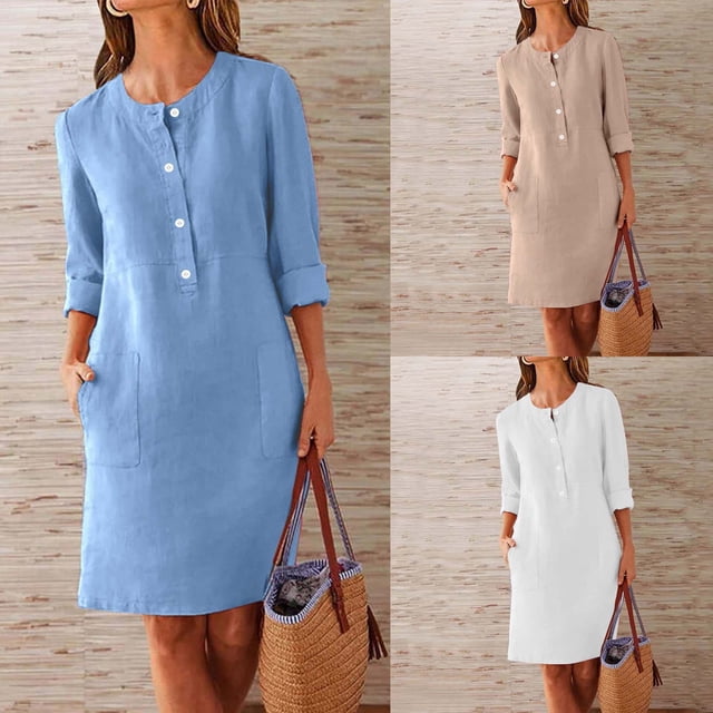 Meichang Robe en Lin et Coton pour Femmes, Robe Chemise à Demi-Boutonnage, Manches Longues, Col Rond, Robe Courte Chic Décontractée, Automne, Coupe Ample, Robe de Travail avec Poches