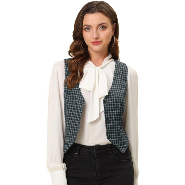 INSPIRE CHIC Veste Sans Manches à Carreaux Extensible Asymétrique à Col en V Taille Cintrée avec Boutons Noir G