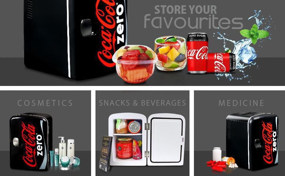 Coca-Cola Portable Thermoelectric Mini Fridge Cooler/Warmer, 6-Can Capacity, 4L/4.2 qt, 12V DC/110V AC for Home, Dorm, Car, Boat, Skincare, Beverages, Snacks, Medication