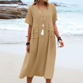 thumbnail image 2 of yoeyez Robes en Coton et Lin pour Femmes pour l'Été, Robes Unies à Col Rond pour Dames, Coupe Ample, Manches Courtes, Robe Midi Décontractée de Plage Évasée, Kaki, 5TG, 2 of 7